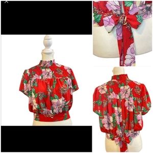 Love J red floral mock neck top with tie at waist & flutter sleeves size large